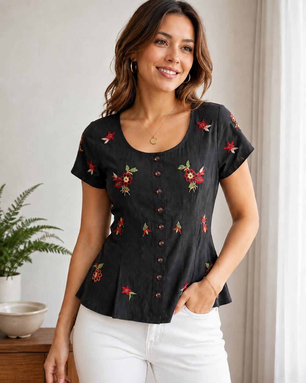 Free People Kelly Embroidered Blouse Washed Black Floral Peplum Cotton-Size S/P